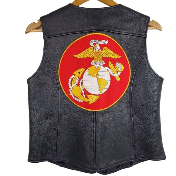 First Classics Vietnam Veteran Marines Semper Fidelis Black Leather Vest L - Picture 2 of 8